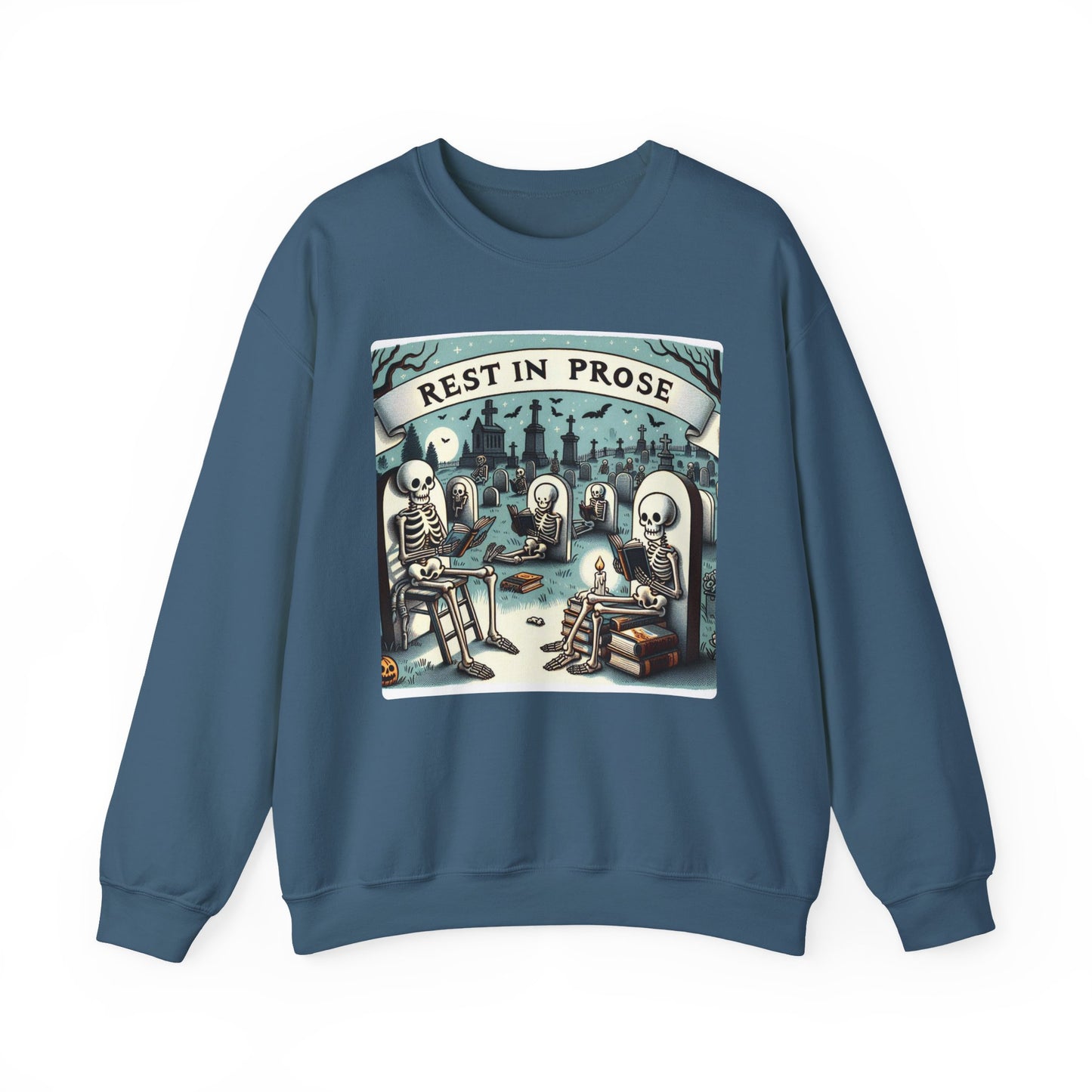 Rest in Prose, Skeletons Reading Crewneck Sweatshirt, Halloween Sweatshirt, Unisex White Sweatshirt Writers Readers, Spooky Literary Gift