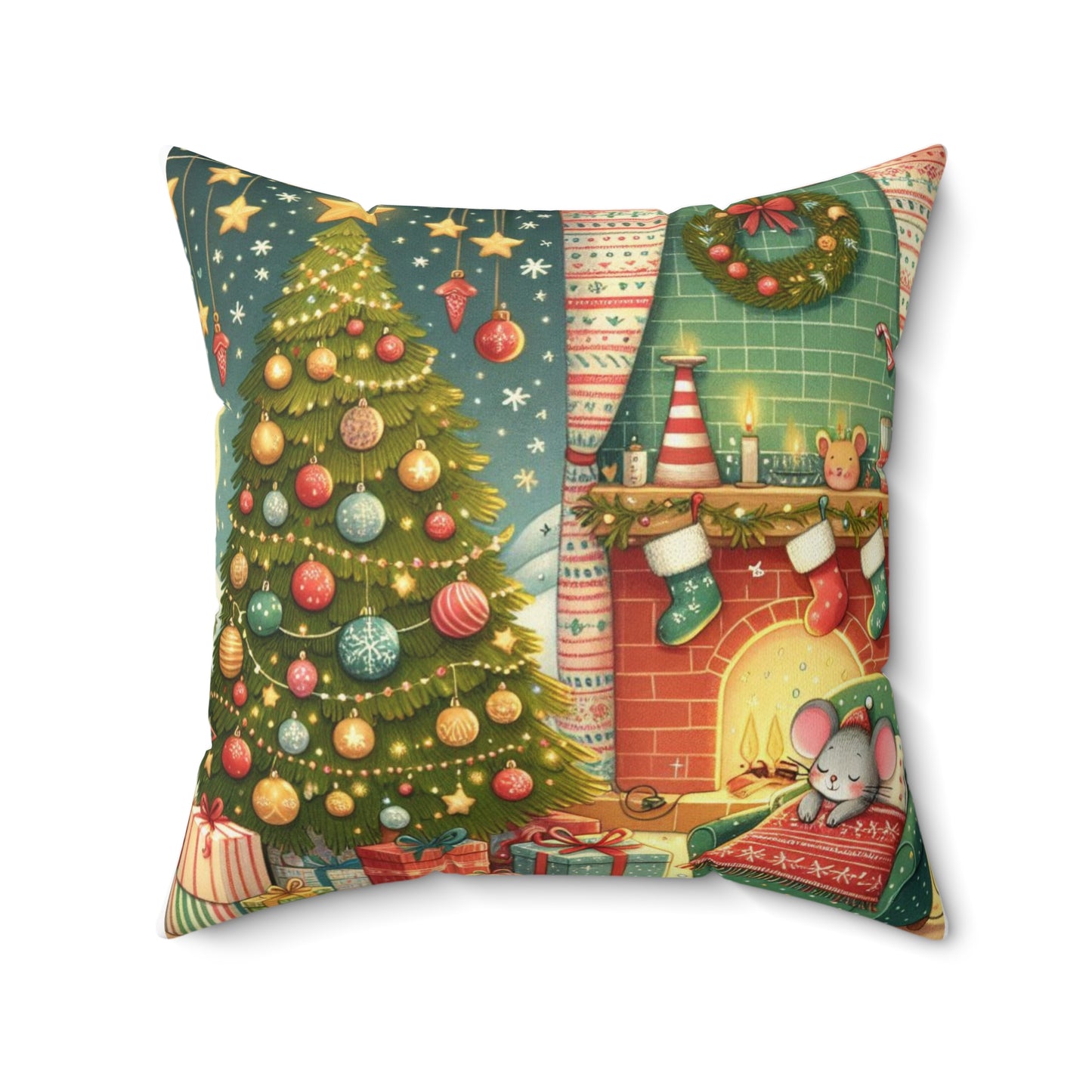 Christmas Mouse Spun Polyester Square Pillow, Twas the Night Before Christmas Collection, A Visit from St Nicholas, Book Nook, Library
