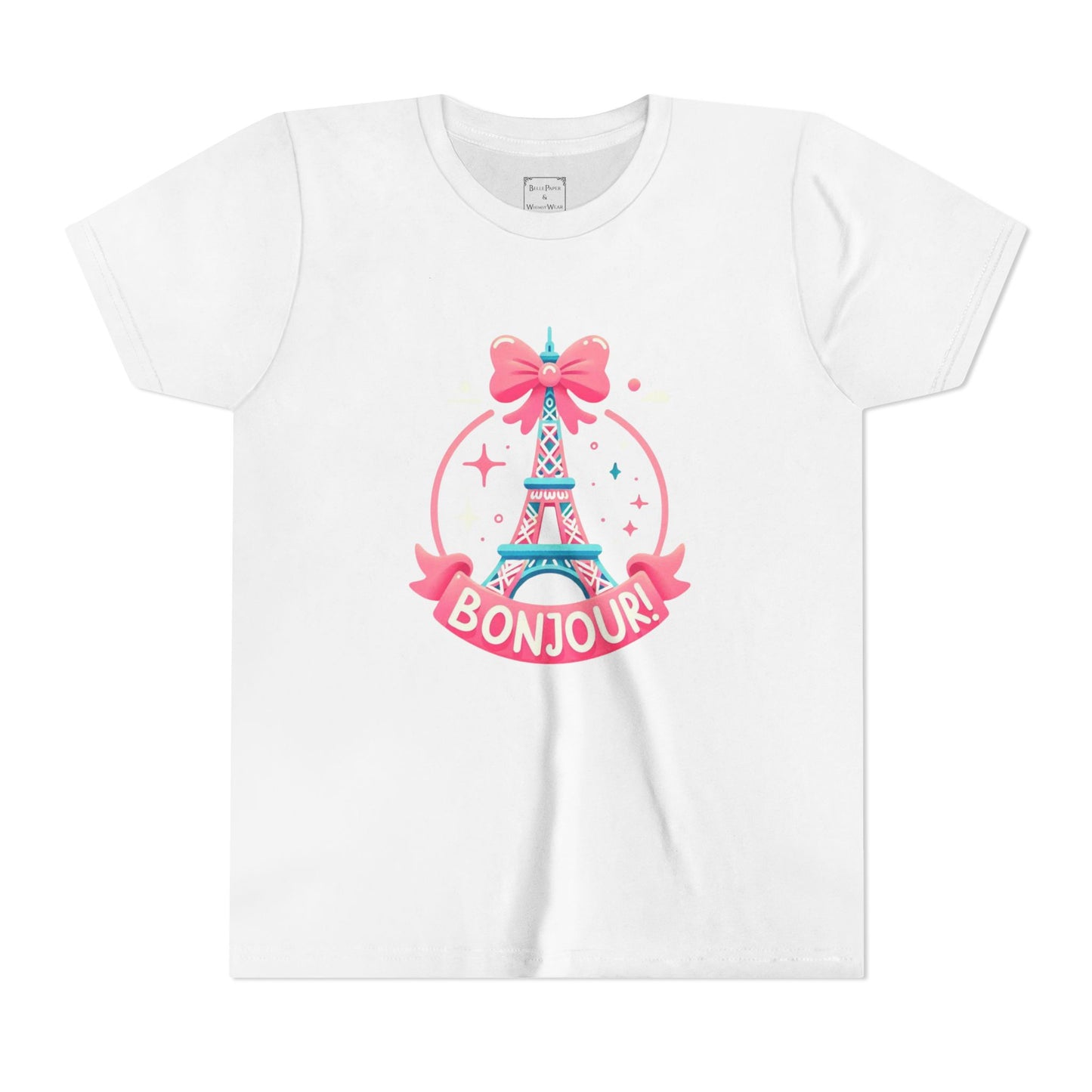 Bonjour Eiffel Tower Youth Tee, Cute Kid Shirt, Paris-Themed Apparel, Birthday Gift for Girls, Summer Fashion