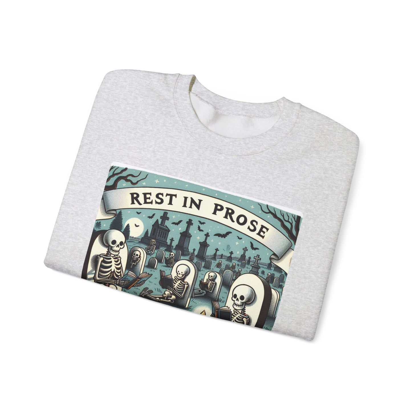 Rest in Prose, Skeletons Reading Crewneck Sweatshirt, Halloween Sweatshirt, Unisex White Sweatshirt Writers Readers, Spooky Literary Gift