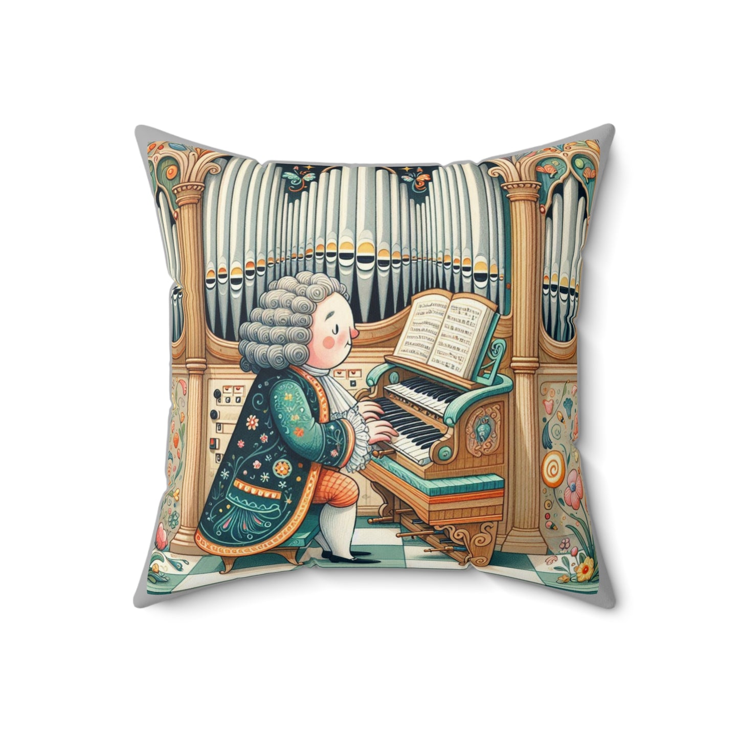 Bach Organ Music Library Square Pillow - Classical Music Home Decor, Teacher Gift, Kids Room Decoration, Gift for Music Lover, Classroom