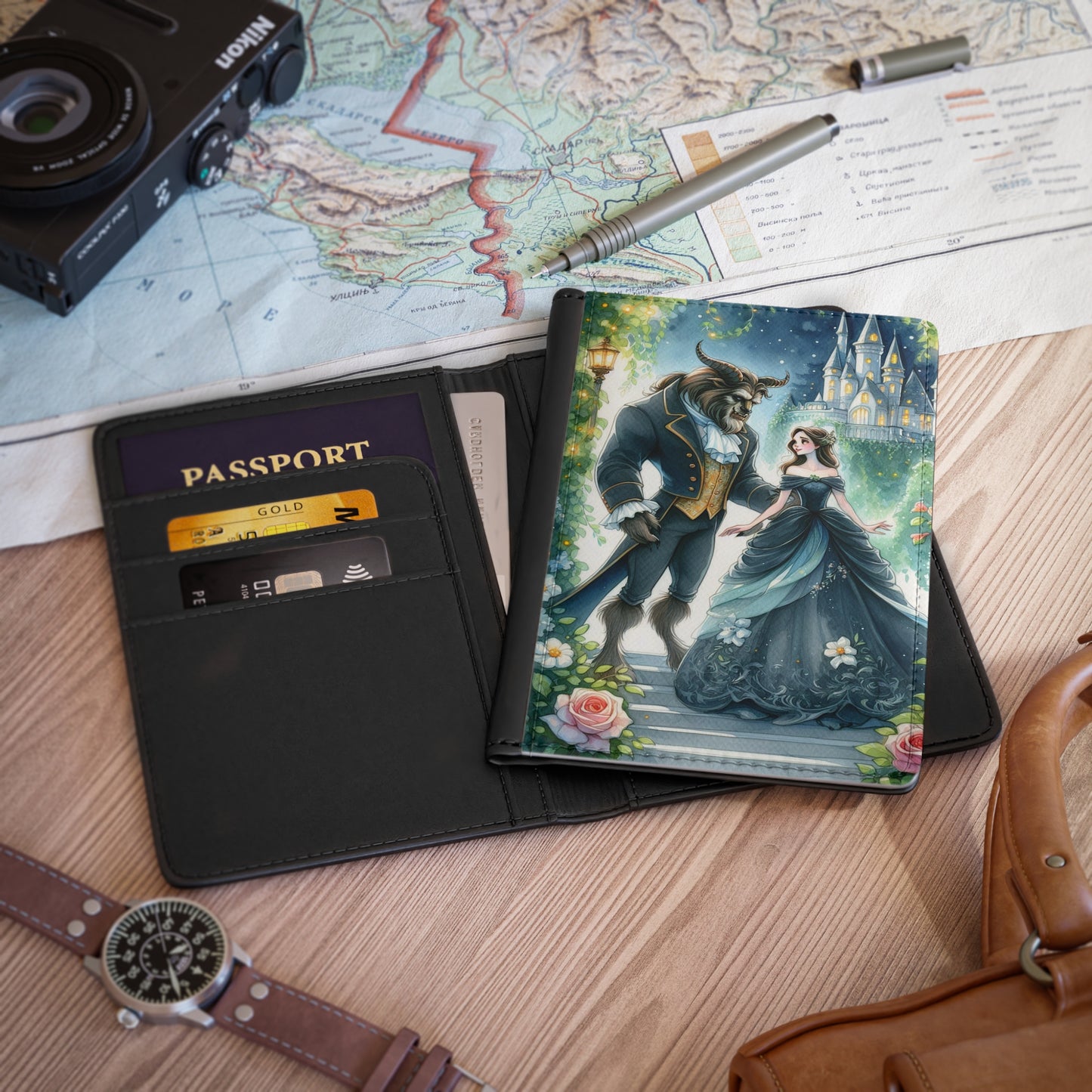 Passport Cover, Beauty and the Beast Fairy Tale Gift Travel Accessory Holder Wallet Organizer Case, Brothers Grimm Merchandise