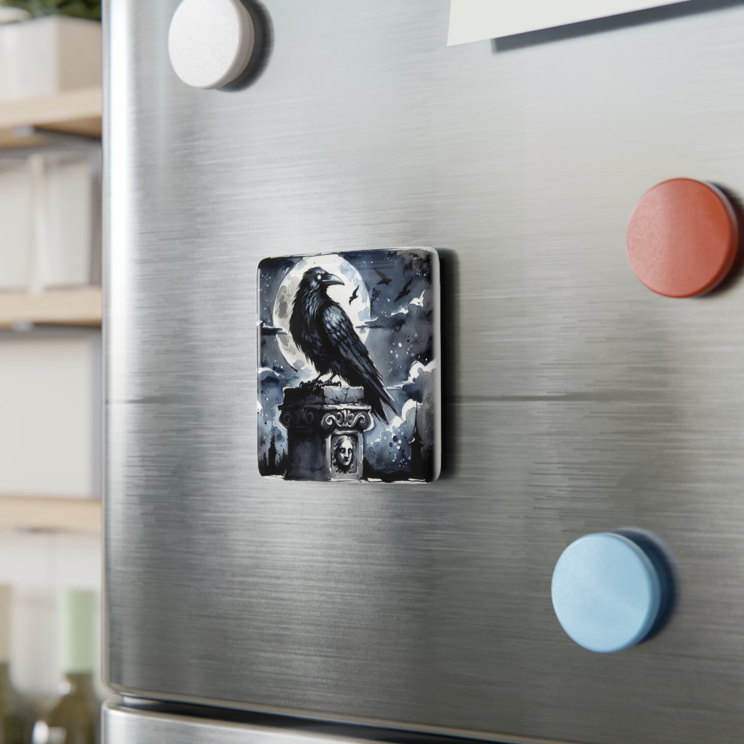 The Raven, Nevermore, Edgar Allan Poe, Gift, Porcelain Magnet, Square
