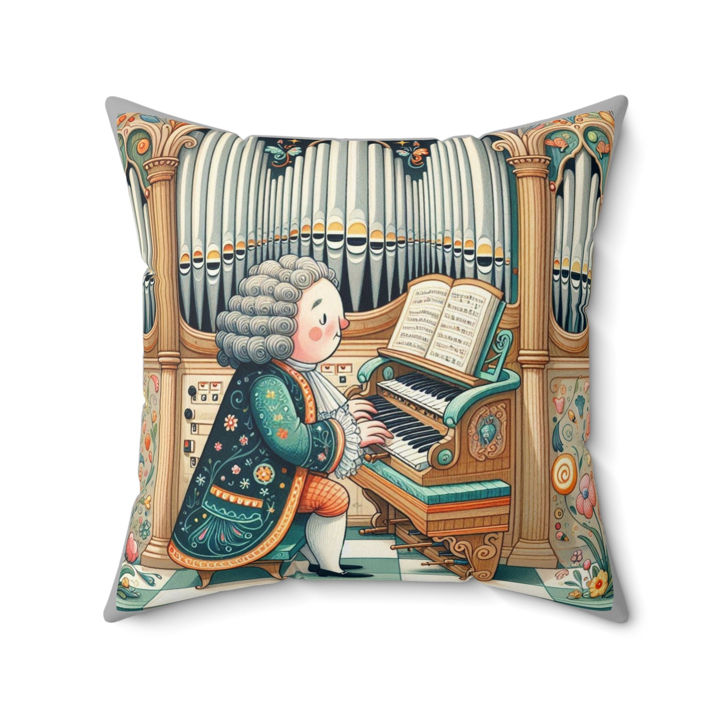 Bach Organ Music Library Square Pillow - Classical Music Home Decor, Teacher Gift, Kids Room Decoration, Gift for Music Lover, Classroom