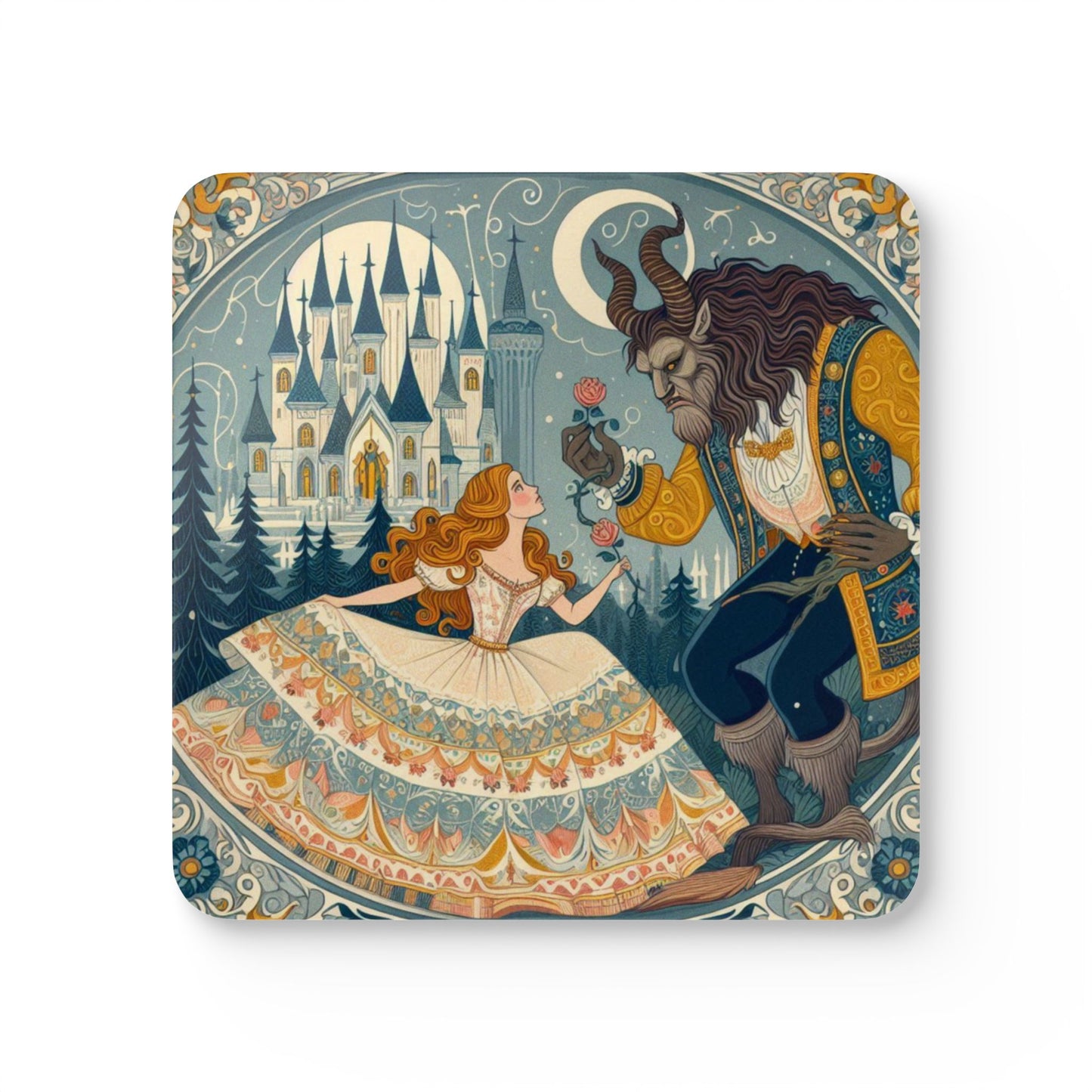 Coaster Set, Beauty and the Beast Magical Home Decor, Gift for Fairy Tale Lovers, Perfect for Weddings, Housewarming, Unique Drinkware, Cork