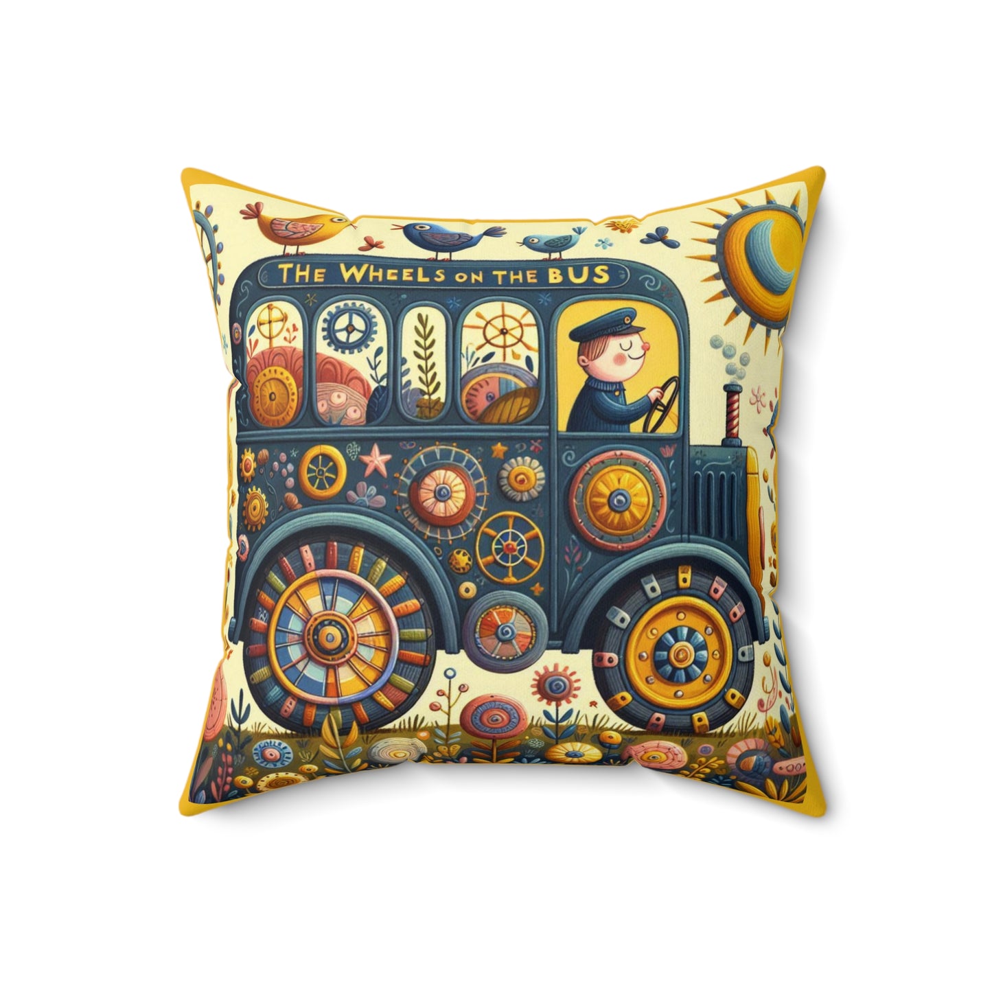 Wheels on the Bus Square Pillow - Nursery Song Cushion Bedding for Book Nook, Classroom Decor & Gift