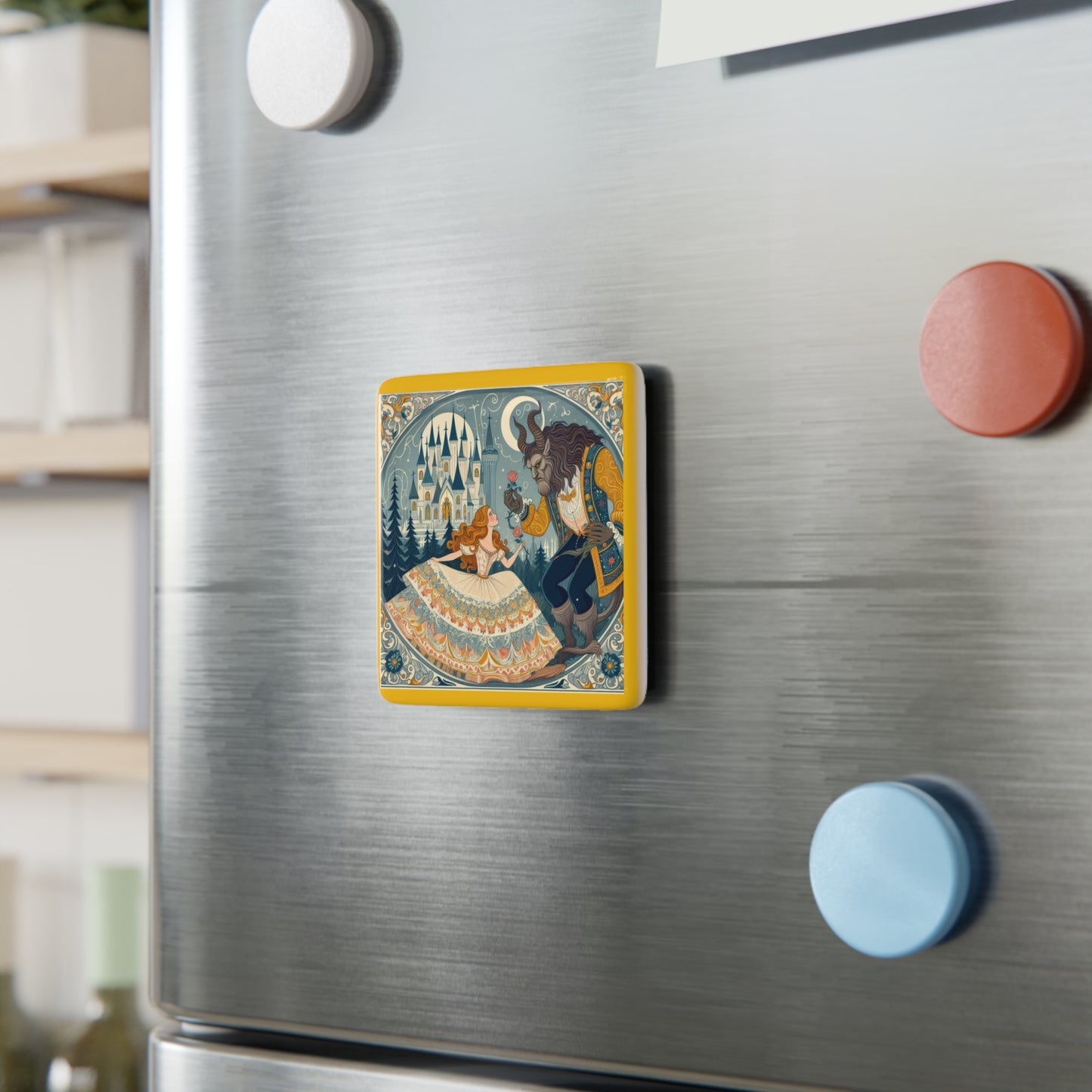 Beauty and the Beast Porcelain Magnet, Literary Fairytale Gift Stocking Stuffer, Square Fridge Decor, Personalized Refrigerator Decoration,