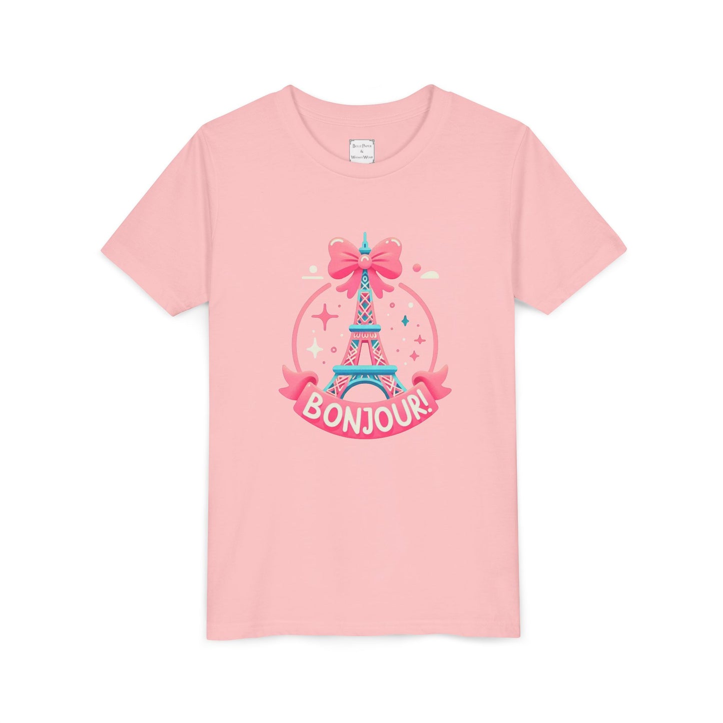 Bonjour Eiffel Tower Youth Tee, Cute Kid Shirt, Paris-Themed Apparel, Birthday Gift for Girls, Summer Fashion