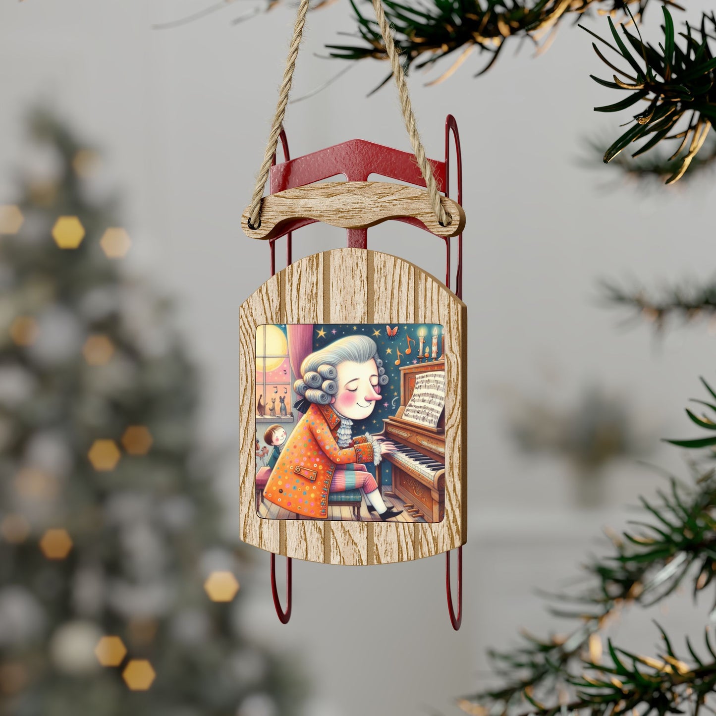 Sled Ornaments, Christmas Tree Decoration, Mozart Gift, Holiday Ornament, Music Lover Decor, Winter Sled, Xmas Tree Bauble