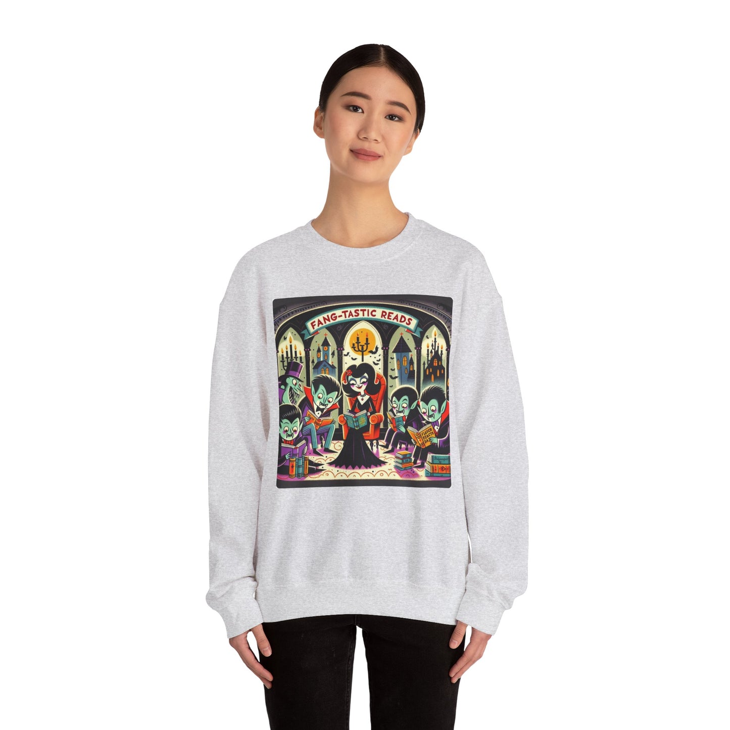 Fang-tastic Reads Sweatshirt, Vampire Book Lover Crewneck, Halloween Librarian Shirt, Cozy Unisex Fall Apparel, Spooky Gift for Readers