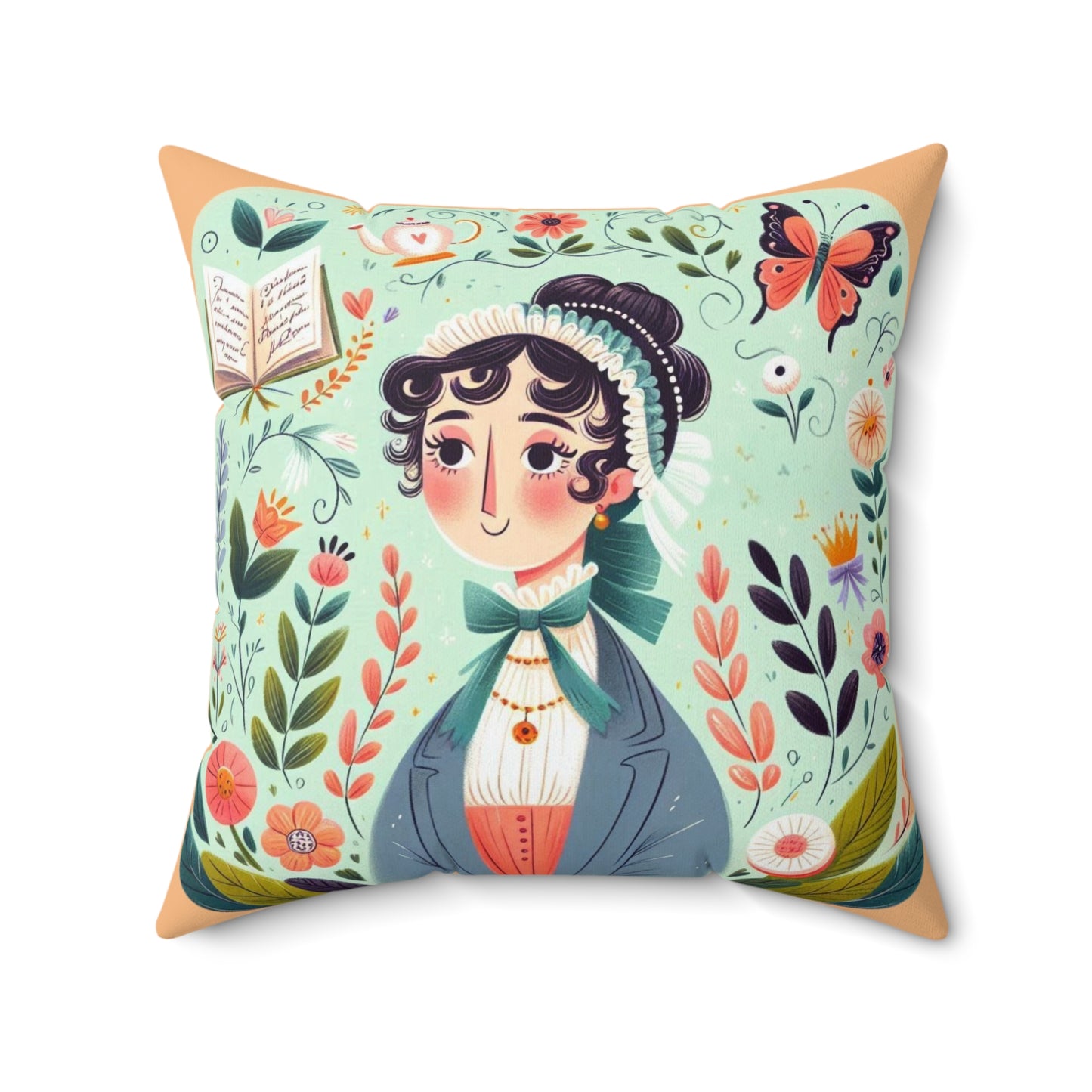 Jane Austen Regency Writer Pillow, Pride and Prejudice Book Nook Square Cushion, Kids Room Literary Decor, Library Reading Gift, Spun
