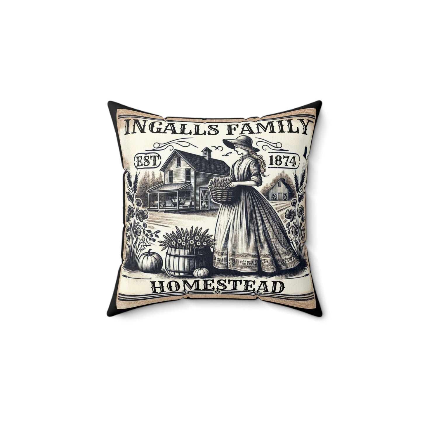 Laura Ingalls Wilder Prairie Life Square Pillow, Antique Farm Homestead Walnut Grove Decor, Spun Polyester Cushion, Home Accent, Gift for