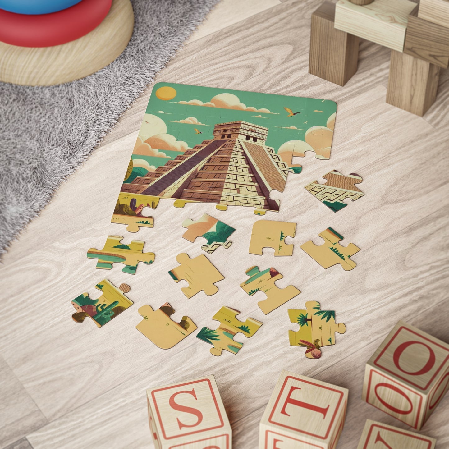 Geography Kids' Puzzle, 30-Piece with Chichén Itzá and Mayan Design - Educational Toy, Yucatan Mexico Puzzle, Seven Wonders of the World