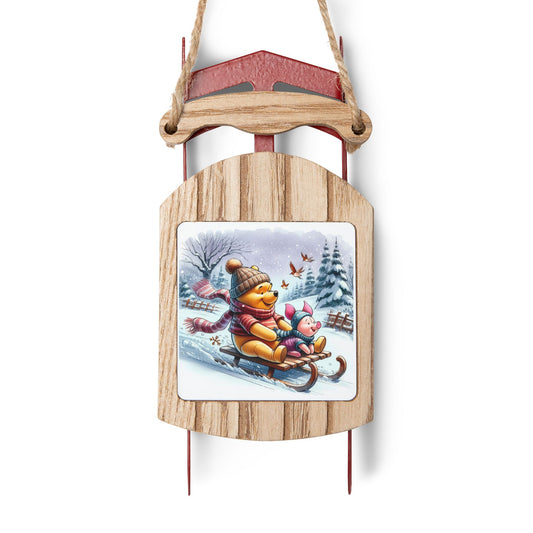 Christmas Sled Ornaments, Winnie the Pooh & Piglet Decor, Cute Holiday Gifts, Winter Wonderland Decoration, Gift Tag