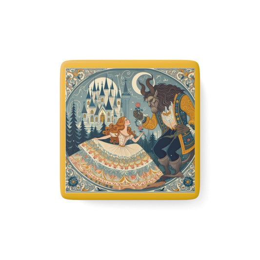 Beauty and the Beast Porcelain Magnet, Literary Fairytale Gift Stocking Stuffer, Square Fridge Decor, Personalized Refrigerator Decoration,