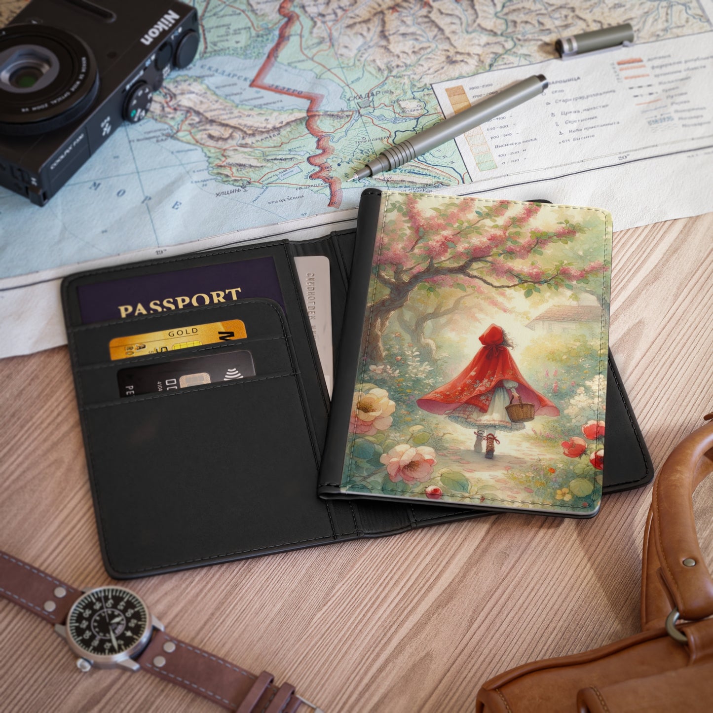 Passport Cover, Little Red Riding Hood Fairy Tale Travel Accessory Gift Holder Case Wallet Organizer, Red Cap and Wolf Design