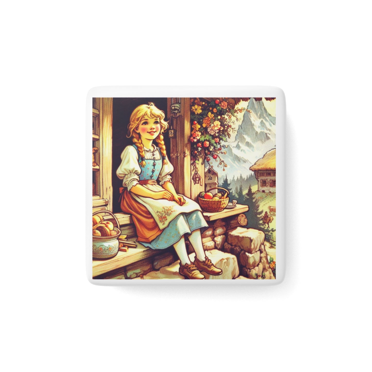 Heidi Swiss Alps Literary Porcelain Magnet Square, Gift Stocking Stuffer, Johanna Spyri, Literature, Novel, Souvenir, Fridge Decor