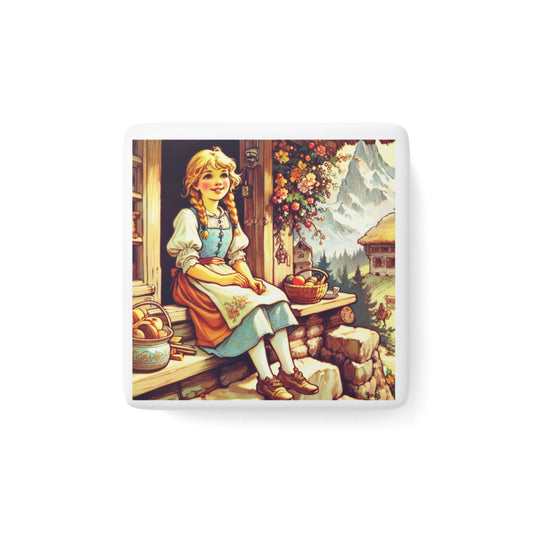 Heidi Swiss Alps Literary Porcelain Magnet Square, Gift Stocking Stuffer, Johanna Spyri, Literature, Novel, Souvenir, Fridge Decor