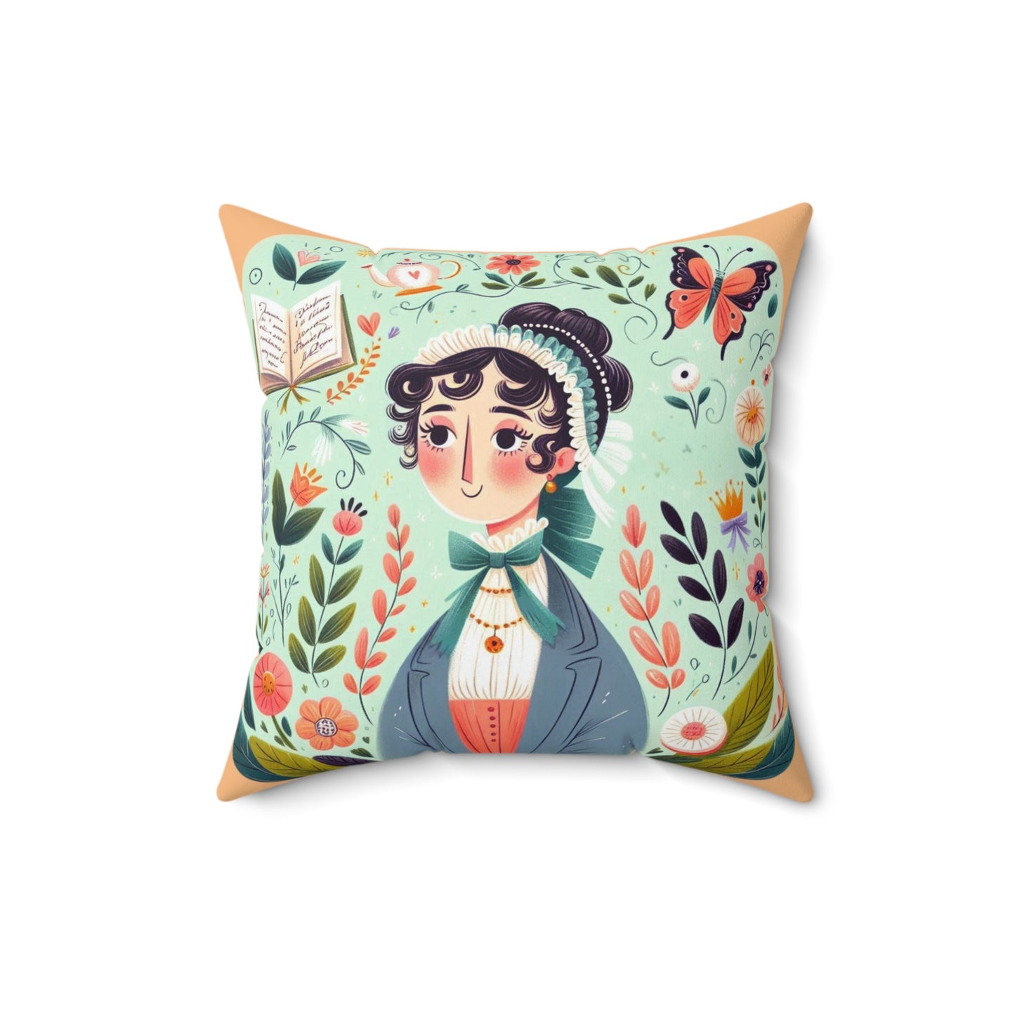 Jane Austen Regency Writer Pillow, Pride and Prejudice Book Nook Square Cushion, Kids Room Literary Decor, Library Reading Gift, Spun