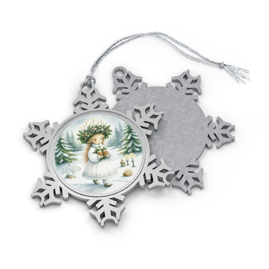Ornament, St Lucia Sweden Keepsake, Christmas Winter Wonderland Gift, Seasonal Decor, Pewter Snowflake