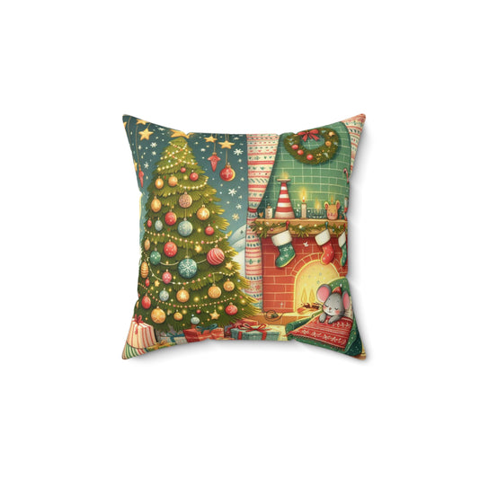 Christmas Mouse Spun Polyester Square Pillow, Twas the Night Before Christmas Collection, A Visit from St Nicholas, Book Nook, Library