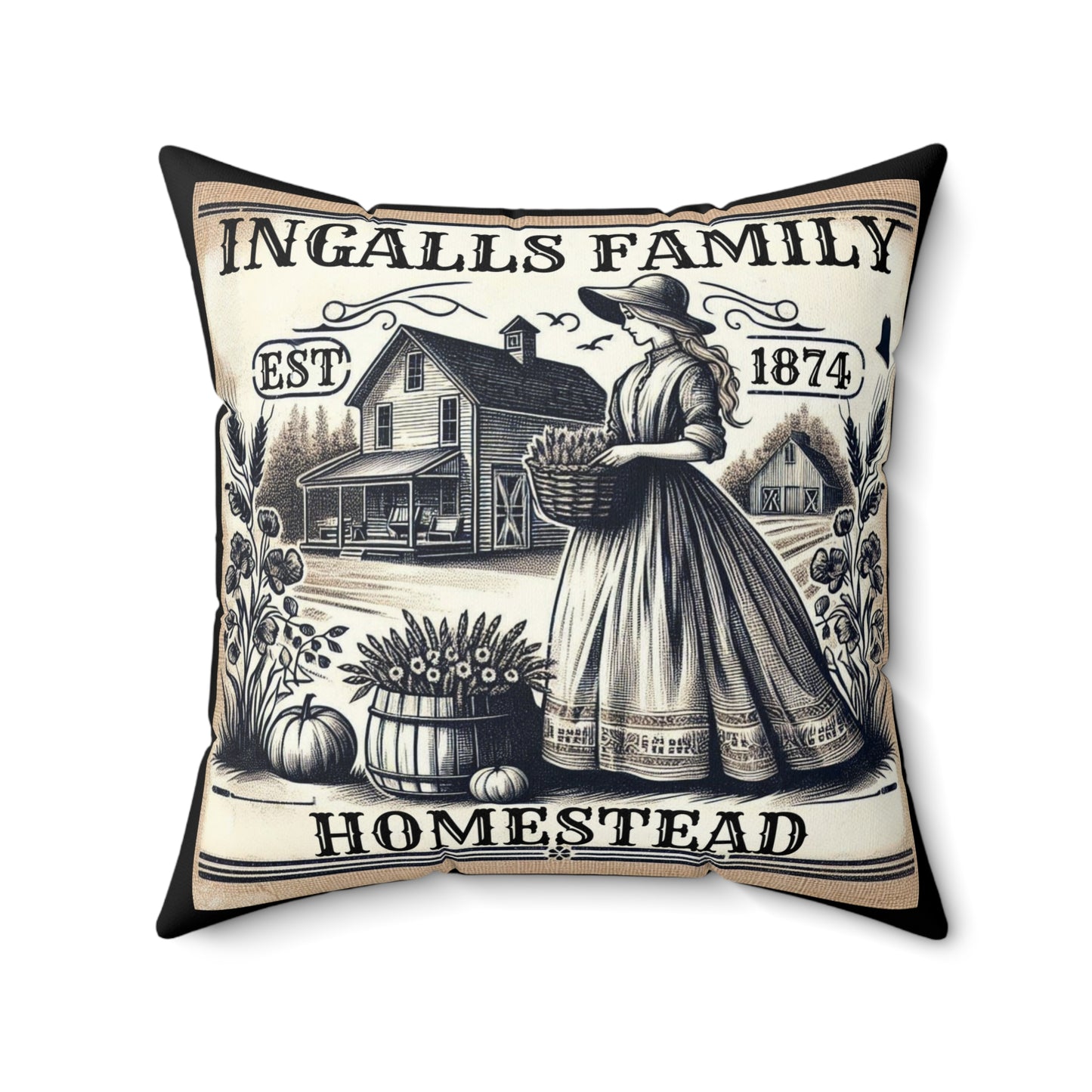 Laura Ingalls Wilder Prairie Life Square Pillow, Antique Farm Homestead Walnut Grove Decor, Spun Polyester Cushion, Home Accent, Gift for