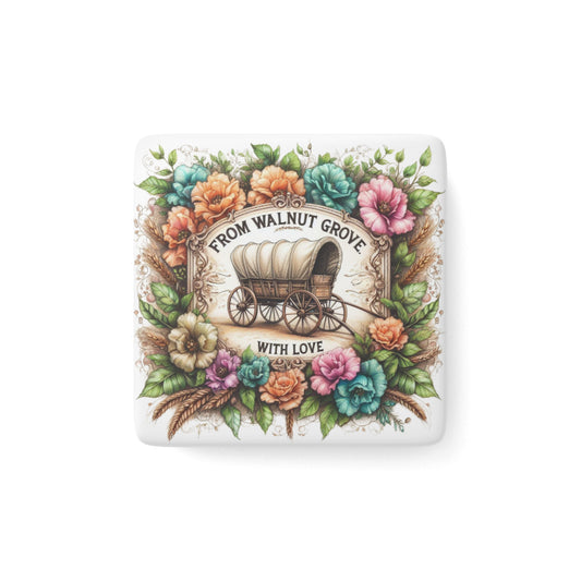 Porcelain Magnet, Laura Ingalls Wilder Western Pioneer Stocking Stuffer, Square, Walnut Grove Magnet, Prairie