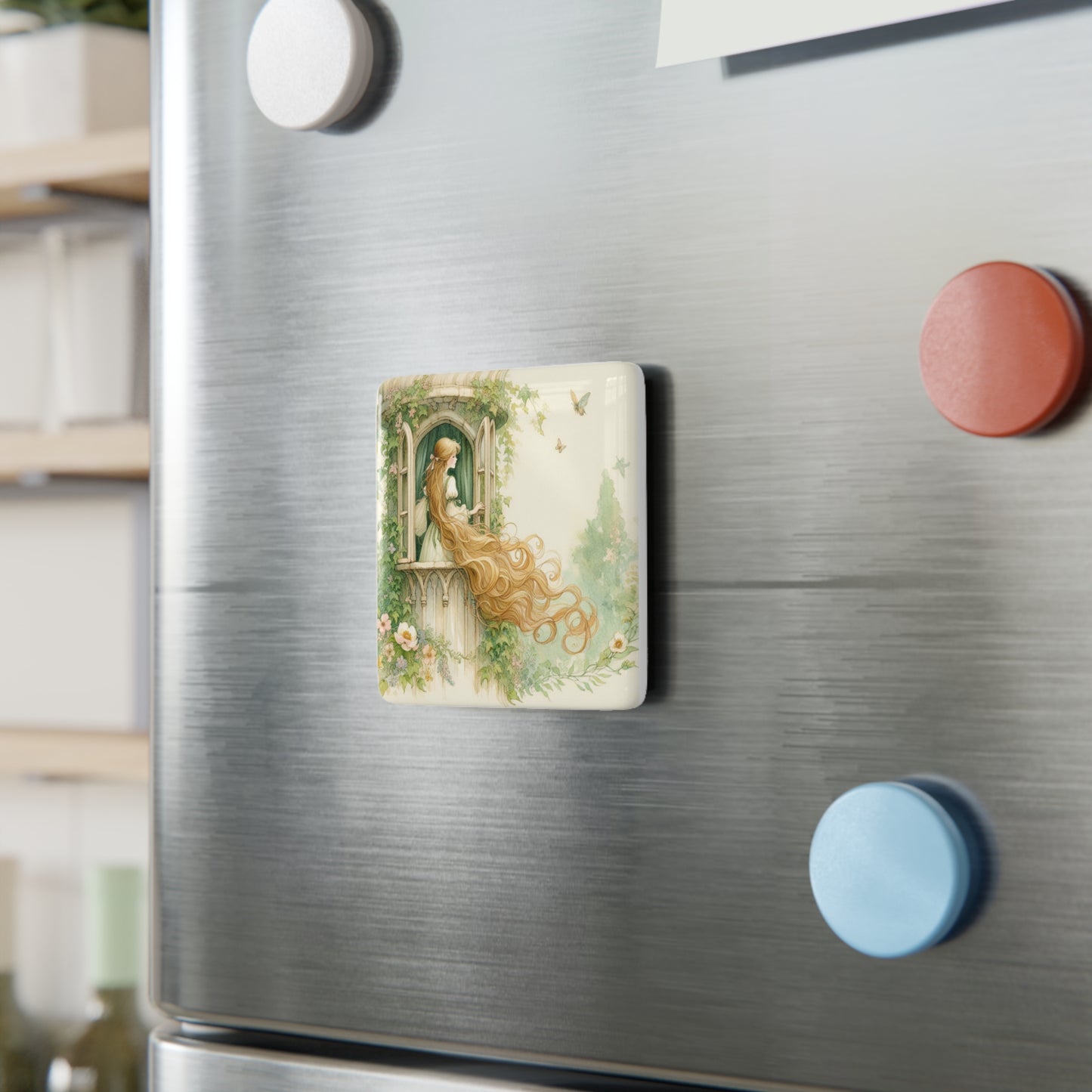 Rapunzel, Whimsical Fairy Tale Porcelain Magnet, Enchanted Window Decor, Nature Lover Gift, Kitchen Magnet, Home Decor