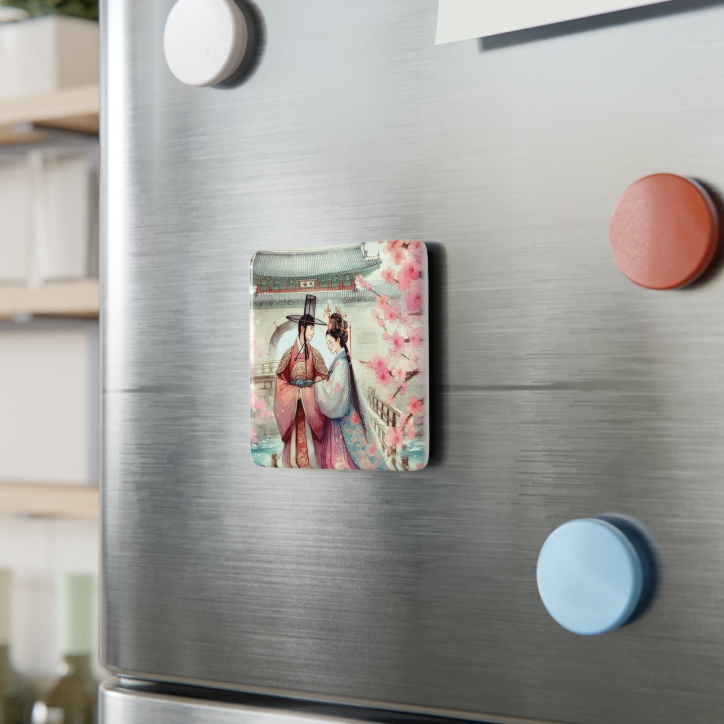 Porcelain Magnet, Square - Cherry Blossom Sakura Korean Historical Goryeo Era Couple Gift Travel, Fridge Magnet, Souvenir, Decorative