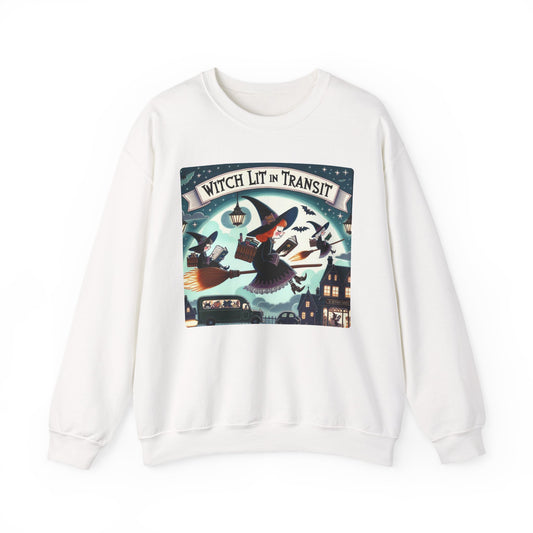 Whimsical Witch Reading Crewneck Sweatshirt, Cozy Halloween Sweatshirt, Bookish Fall Fashion, Spooky Season Gift for Witches Readers