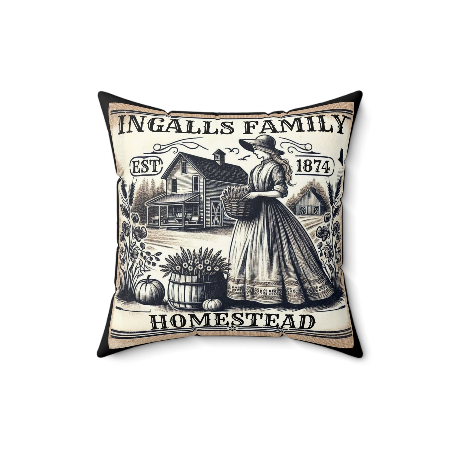 Laura Ingalls Wilder Prairie Life Square Pillow, Antique Farm Homestead Walnut Grove Decor, Spun Polyester Cushion, Home Accent, Gift for