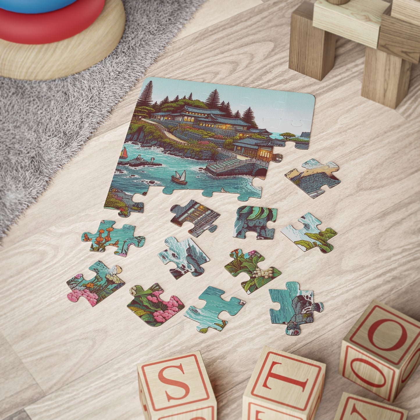 Geography Educational Game Kids Puzzle, Jeju Island South Korea Ocean Palace Gift, 30-Piece, Children's Jigsaw Toy, Map Learning Activity,
