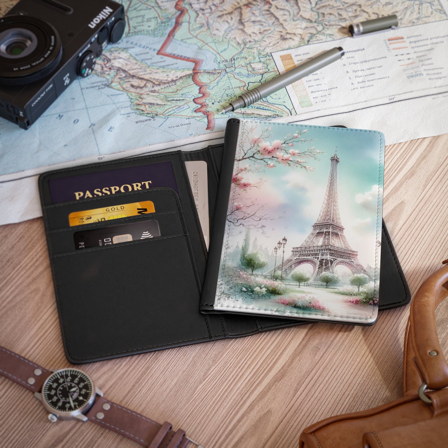 Eiffel Tower, Watercolor, Spring, Cherry Blossom, Paris France,  Passport Cover, Gift Travel Accessory Holder Wallet Organizer Case,