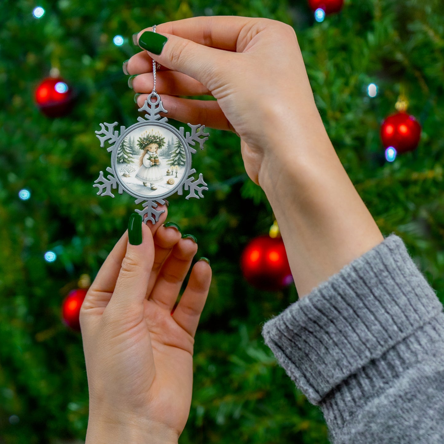 Ornament, St Lucia Sweden Keepsake, Christmas Winter Wonderland Gift, Seasonal Decor, Pewter Snowflake