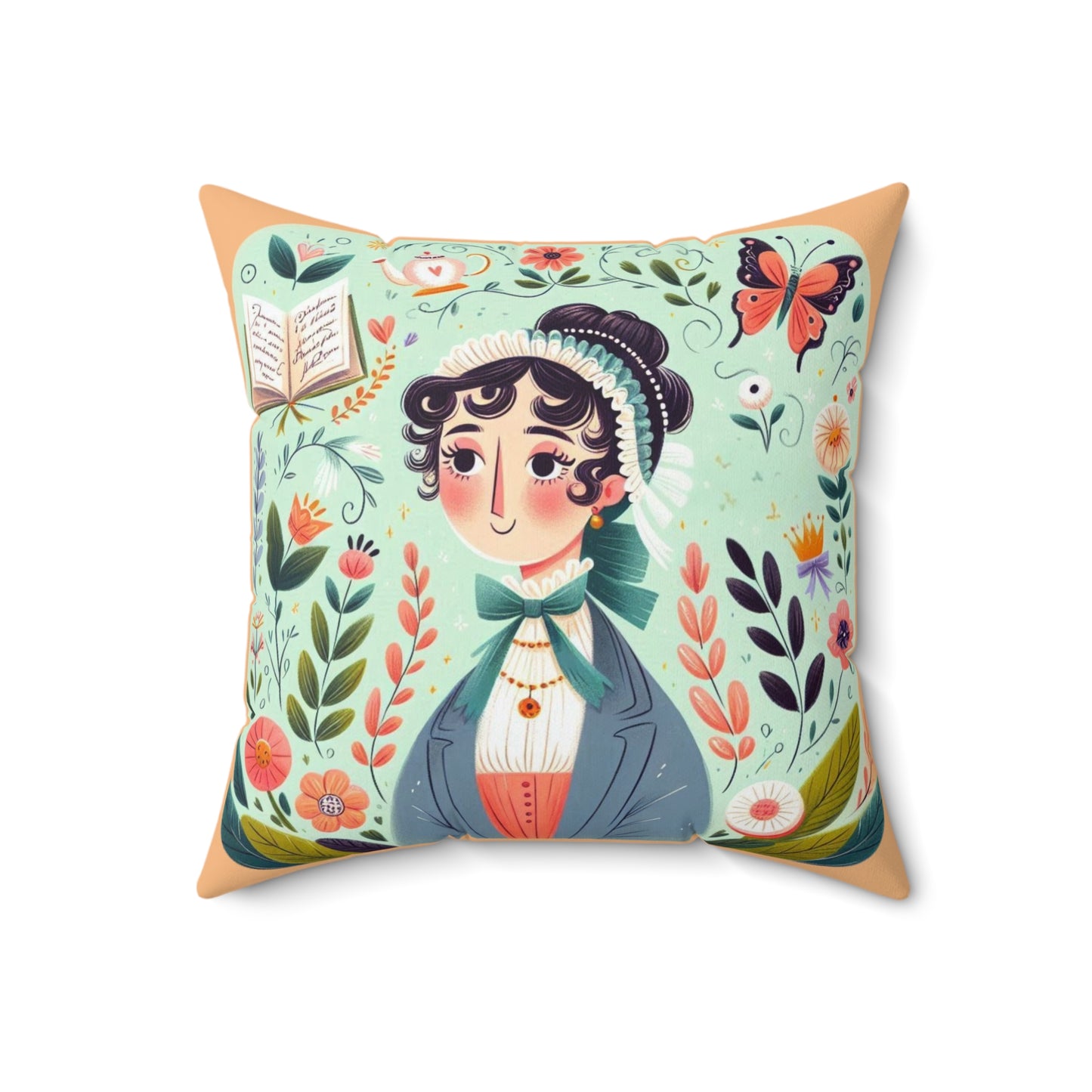 Jane Austen Regency Writer Pillow, Pride and Prejudice Book Nook Square Cushion, Kids Room Literary Decor, Library Reading Gift, Spun