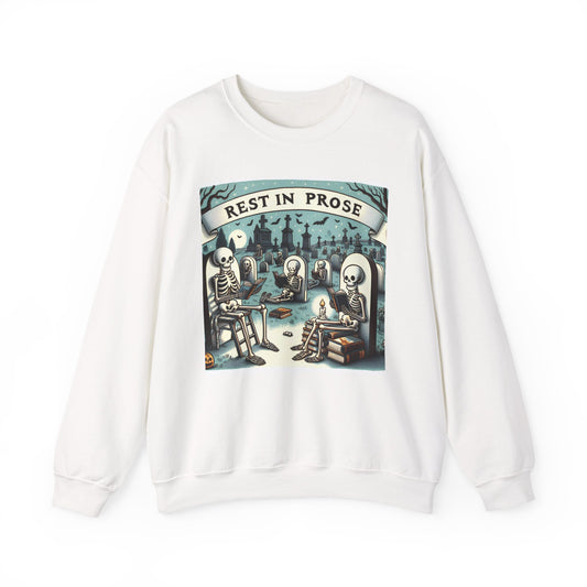 Rest in Prose, Skeletons Reading Crewneck Sweatshirt, Halloween Sweatshirt, Unisex White Sweatshirt Writers Readers, Spooky Literary Gift