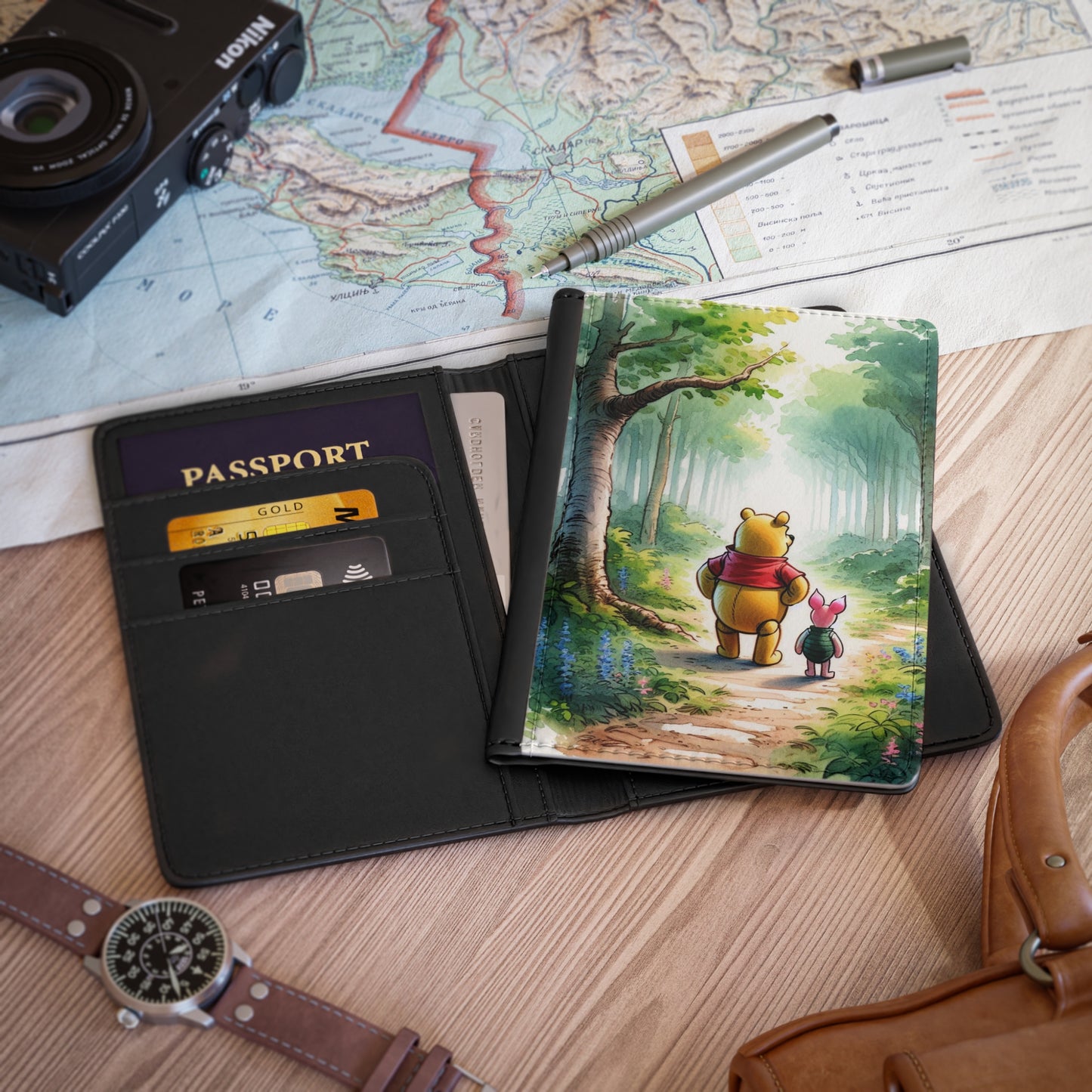 Whimsical Passport Cover, Travel Accessory, Gift for Adventurers, Cute Character Travel ID Holder, Pooh and Piglet Design, Adventure