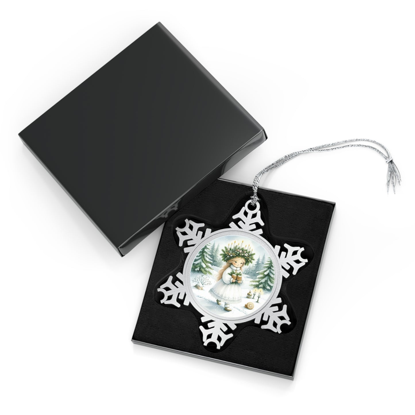 Ornament, St Lucia Sweden Keepsake, Christmas Winter Wonderland Gift, Seasonal Decor, Pewter Snowflake