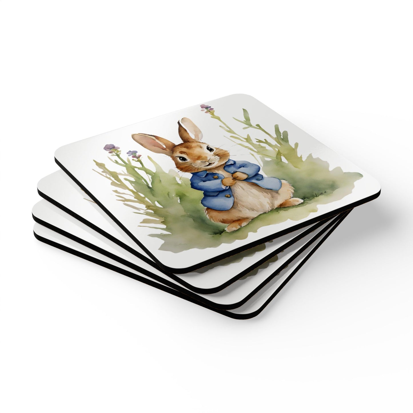 Charming Peter Rabbit Corkwood Coaster Set, Rustic Home Decor, Gift for Tea Lovers, Kids Room Decor, Easter Tableware