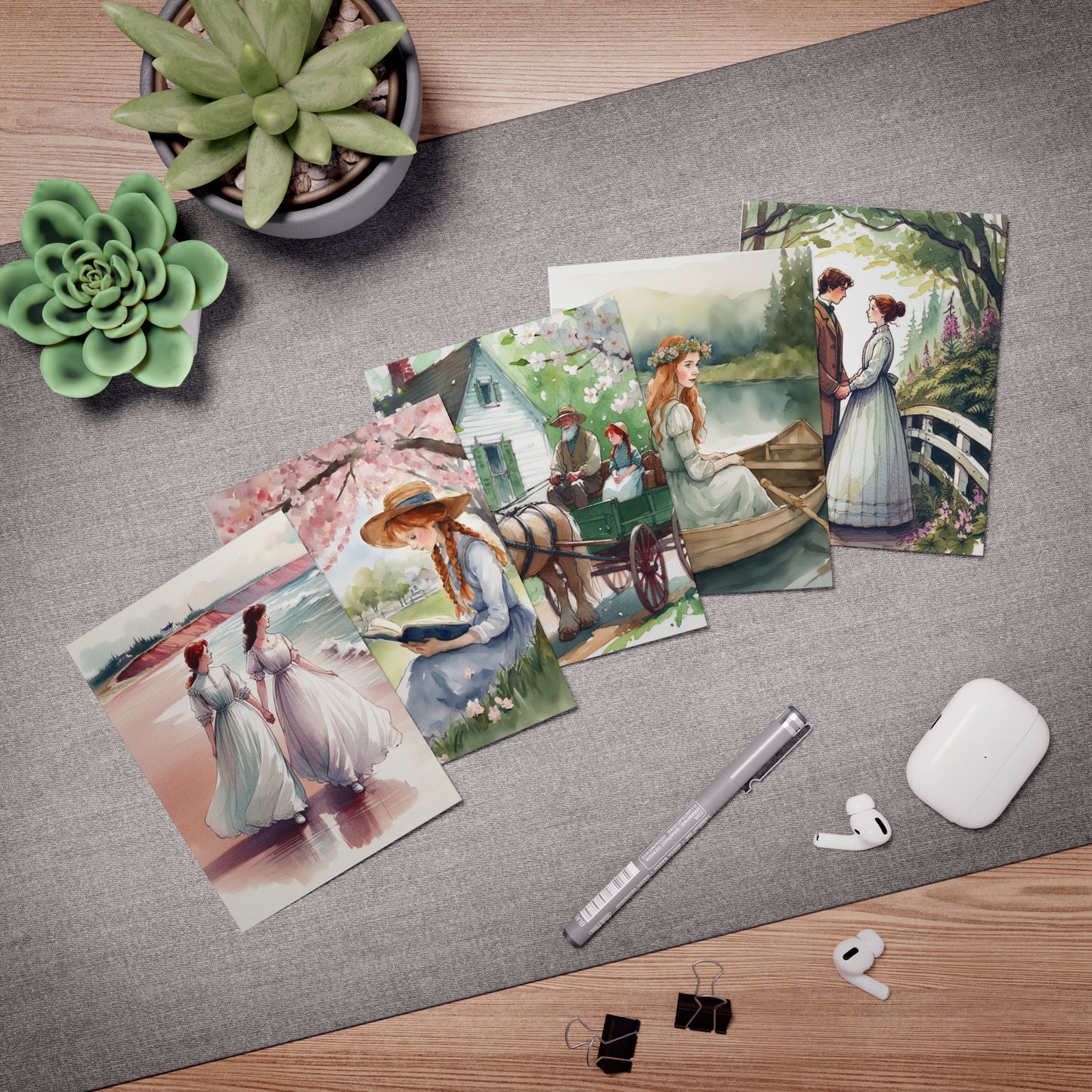 Stationery Blank Greeting Cards, Anne of Green Gables Set, Lucy Maud Montgomery, Multi-Design 5-Pack, Card Bundle, Unique Note Cards