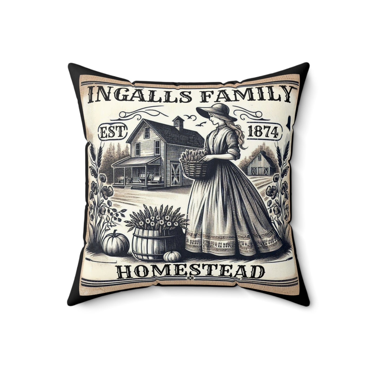 Laura Ingalls Wilder Prairie Life Square Pillow, Antique Farm Homestead Walnut Grove Decor, Spun Polyester Cushion, Home Accent, Gift for
