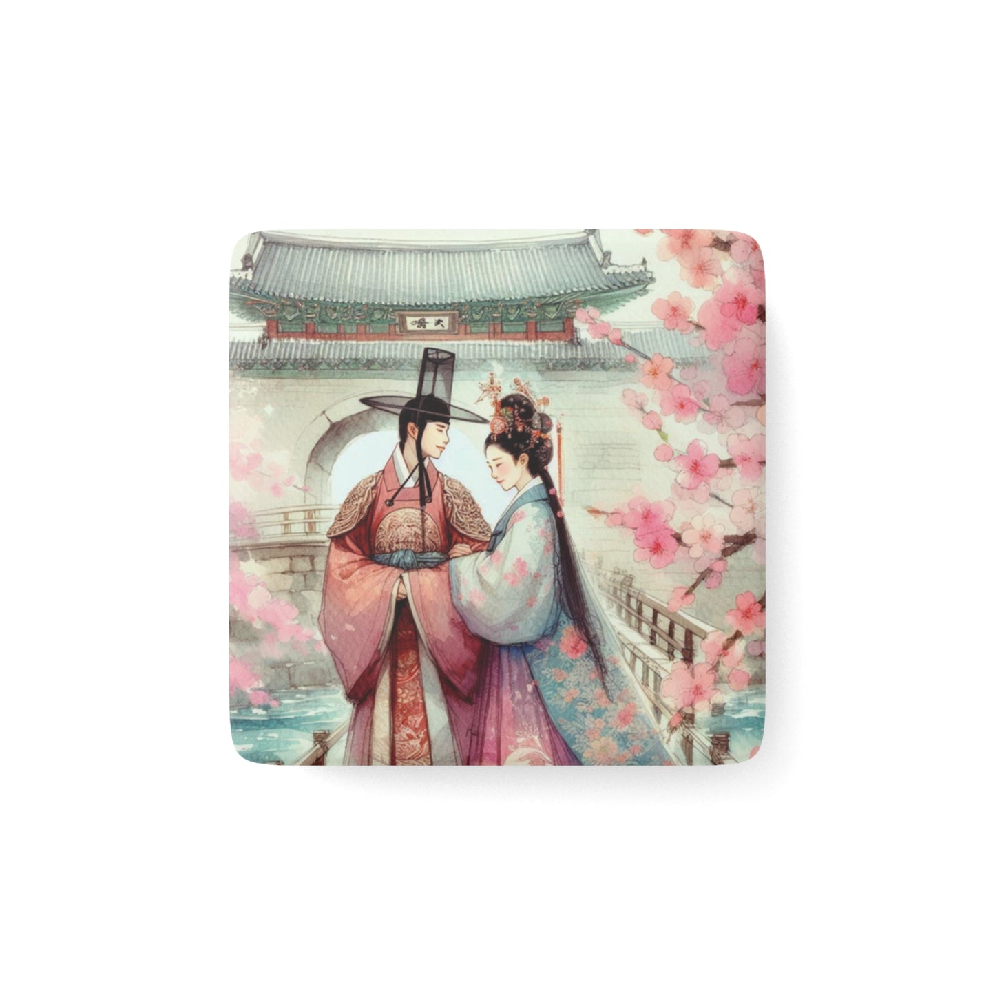 Porcelain Magnet, Square - Cherry Blossom Sakura Korean Historical Goryeo Era Couple Gift Travel, Fridge Magnet, Souvenir, Decorative