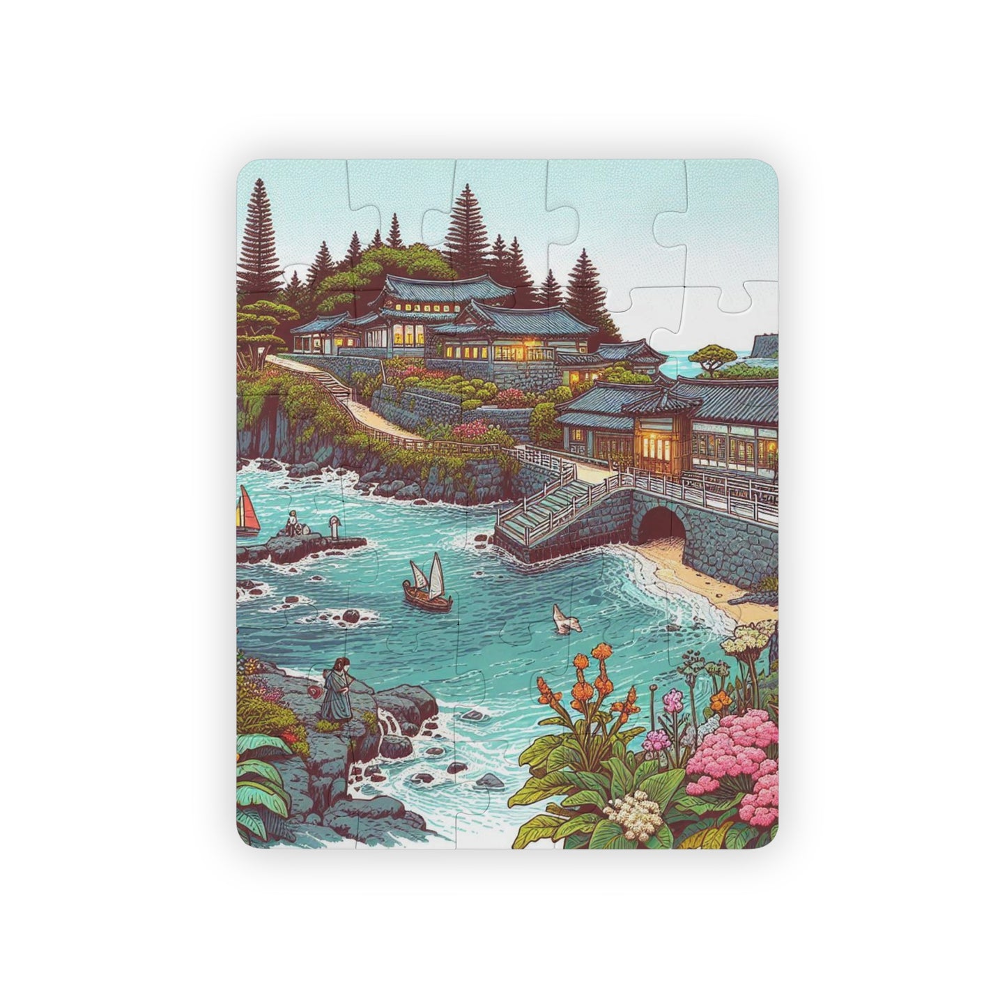 Geography Educational Game Kids Puzzle, Jeju Island South Korea Ocean Palace Gift, 30-Piece, Children's Jigsaw Toy, Map Learning Activity,