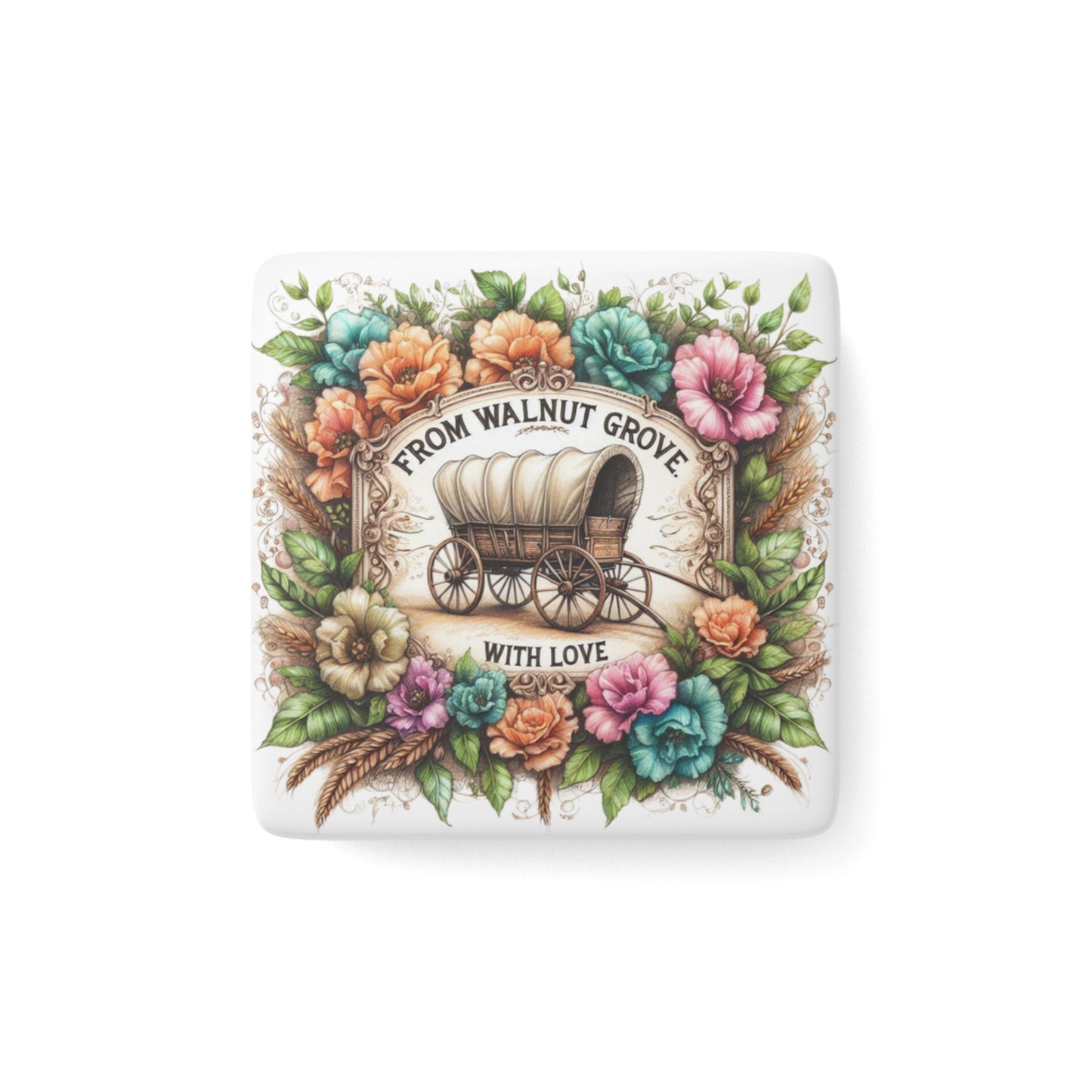 Porcelain Magnet, Laura Ingalls Wilder Western Pioneer Stocking Stuffer, Square, Walnut Grove Magnet, Prairie