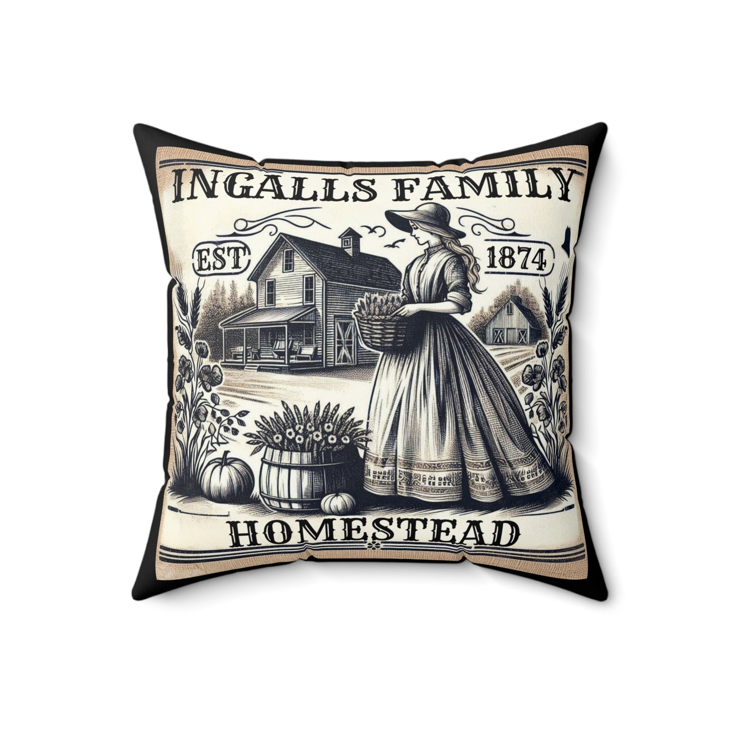 Laura Ingalls Wilder Prairie Life Square Pillow, Antique Farm Homestead Walnut Grove Decor, Spun Polyester Cushion, Home Accent, Gift for