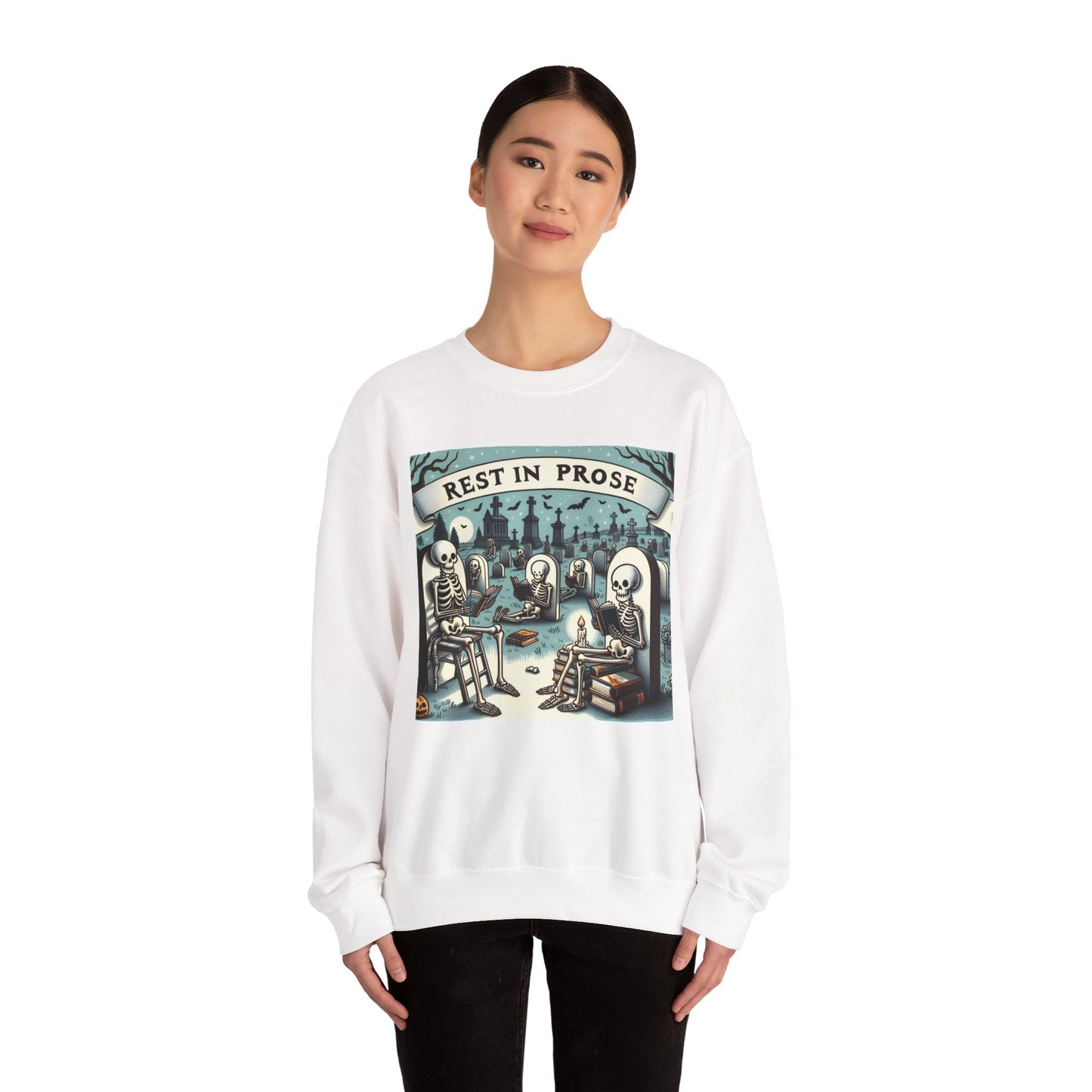 Rest in Prose, Skeletons Reading Crewneck Sweatshirt, Halloween Sweatshirt, Unisex White Sweatshirt Writers Readers, Spooky Literary Gift