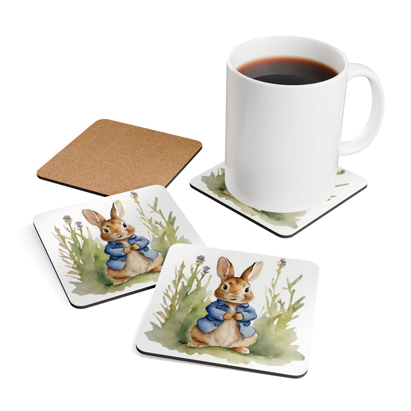 Charming Peter Rabbit Corkwood Coaster Set, Rustic Home Decor, Gift for Tea Lovers, Kids Room Decor, Easter Tableware