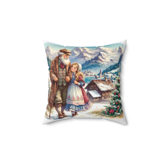 Heidi Throw Pillow, Vintage Alps Christmas Decor, Swiss Winter Cushion with Grandfather, Cozy Gift for Grandparents, Alpine Mountain Cabin
