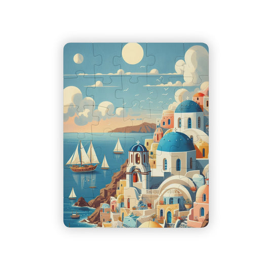 Whimsical Santorini Greece Puzzle for Kids, Fun 30-Piece Jigsaw, Educational Games, Geography Game, Playroom Decor,