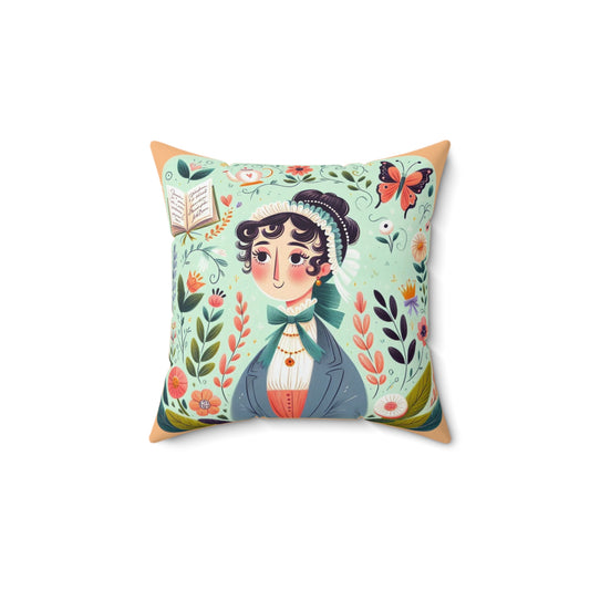 Jane Austen Regency Writer Pillow, Pride and Prejudice Book Nook Square Cushion, Kids Room Literary Decor, Library Reading Gift, Spun